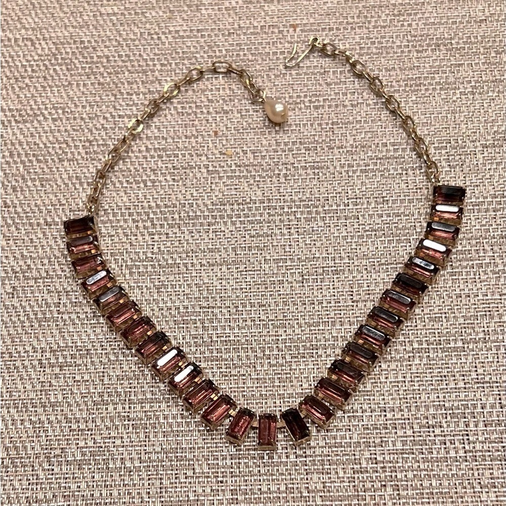 Vintage - Emerald Cut Purple Glass Gemstone - Golden Necklace - Hook Closure